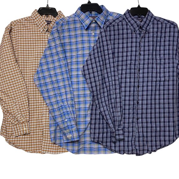 Roundtree & Yorke Mens Long Sleeve Button-Down Plaid Shirts 3 Pack L - Picture 1 of 11